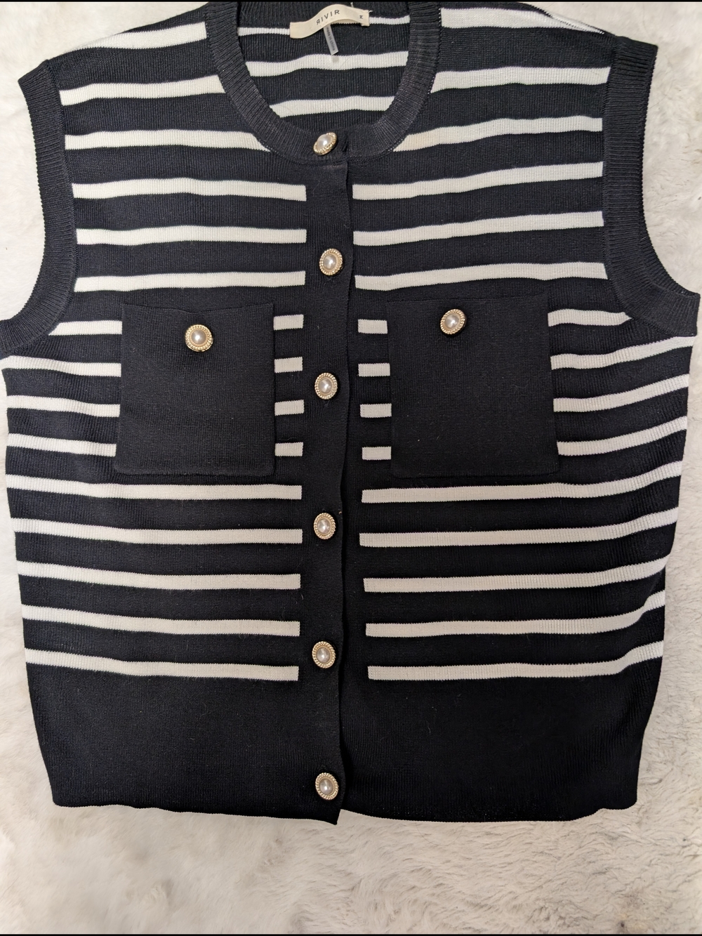 Rivir Black & White Striped Knit Sleeveless Cardigan